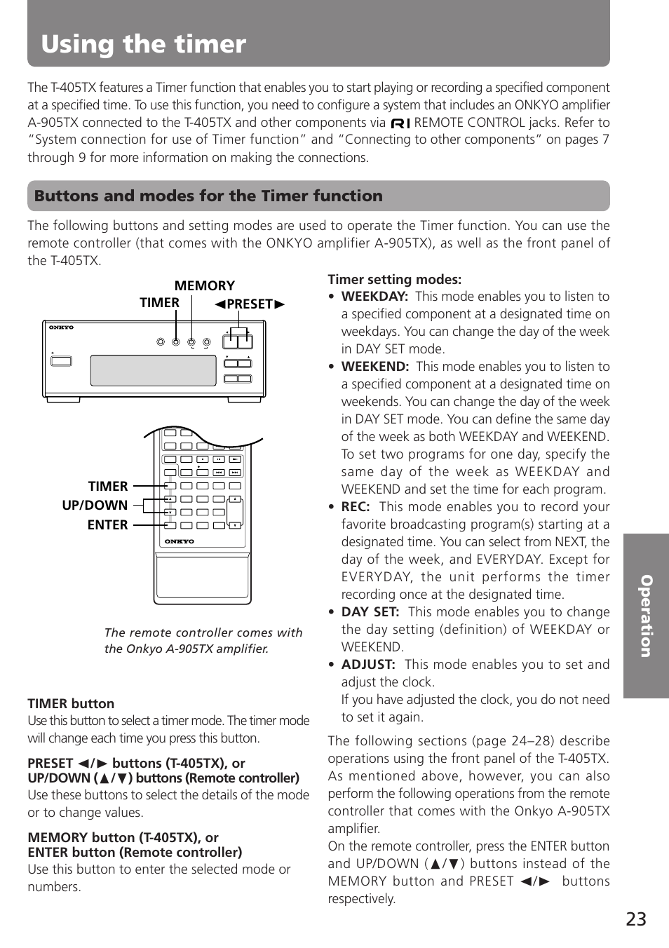 Using the timer, Buttons and modes for the timer function, Timer up/down enter | Onkyo T-405TX User Manual | Page 23 / 32