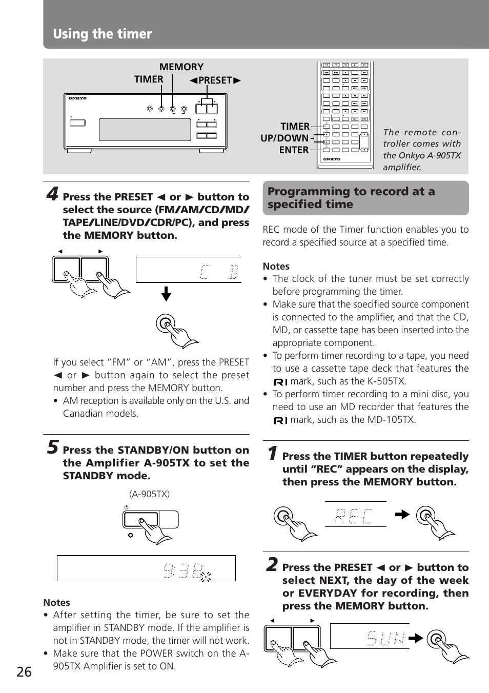 Using the timer, Programming to record at a specified time, A-905tx) | Onkyo T-405TX User Manual | Page 26 / 32