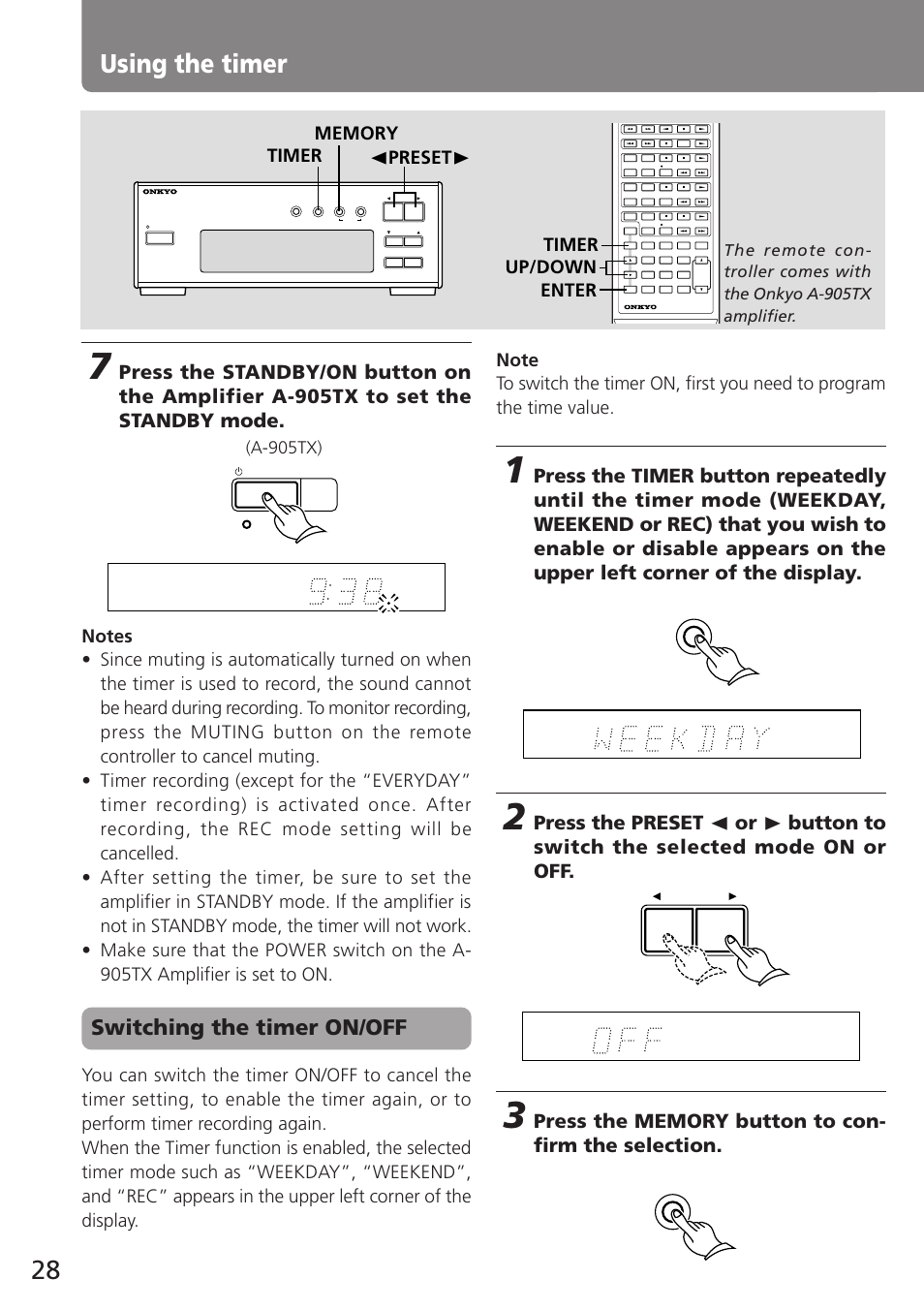 Using the timer, Switching the timer on/off, A-905tx) | Onkyo T-405TX User Manual | Page 28 / 32