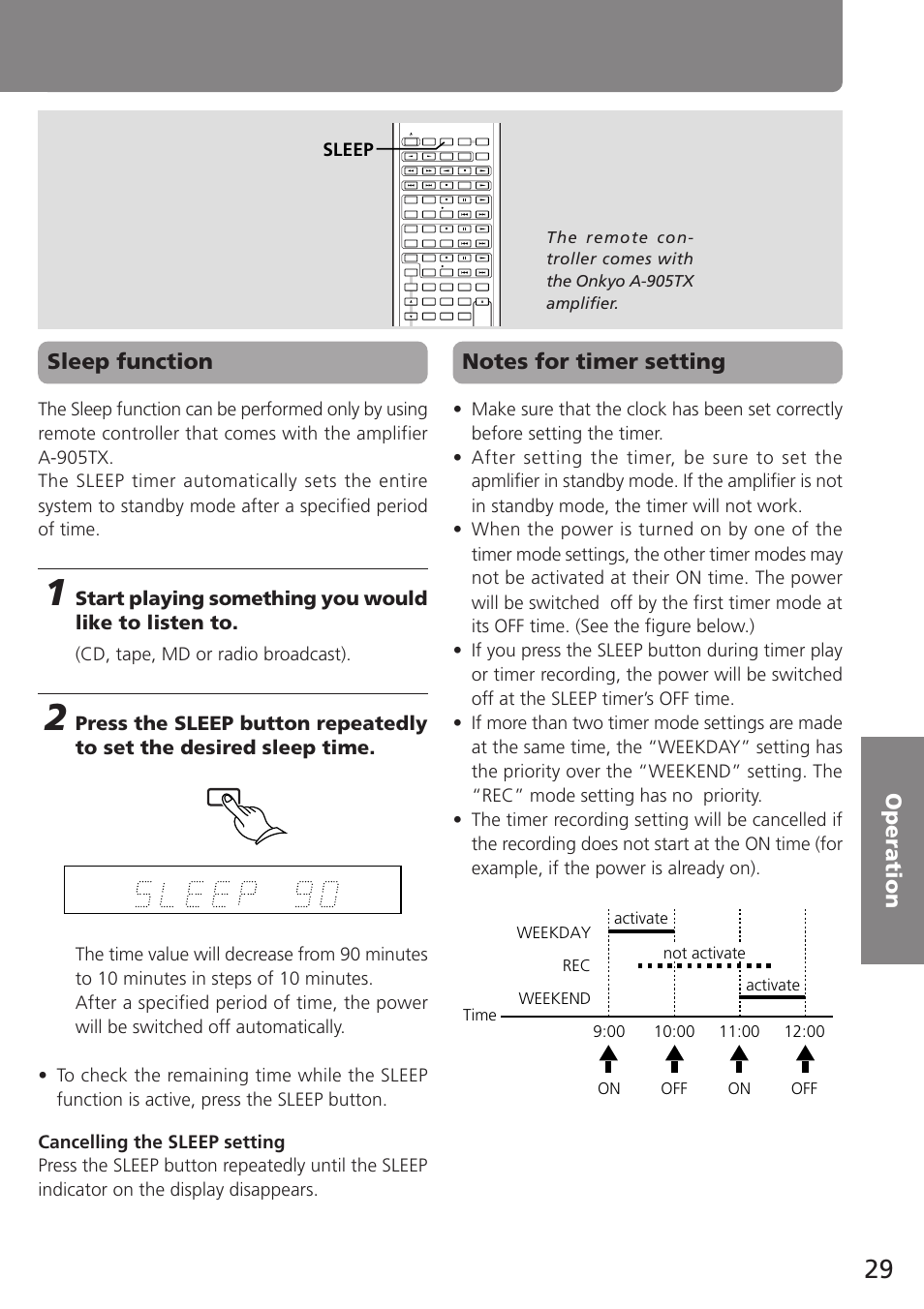 Sleep function, Cd, tape, md or radio broadcast), Sleep | Onkyo T-405TX User Manual | Page 29 / 32