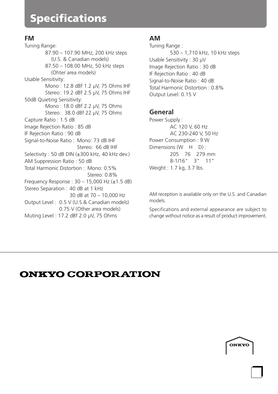 Specifications | Onkyo T-405TX User Manual | Page 32 / 32