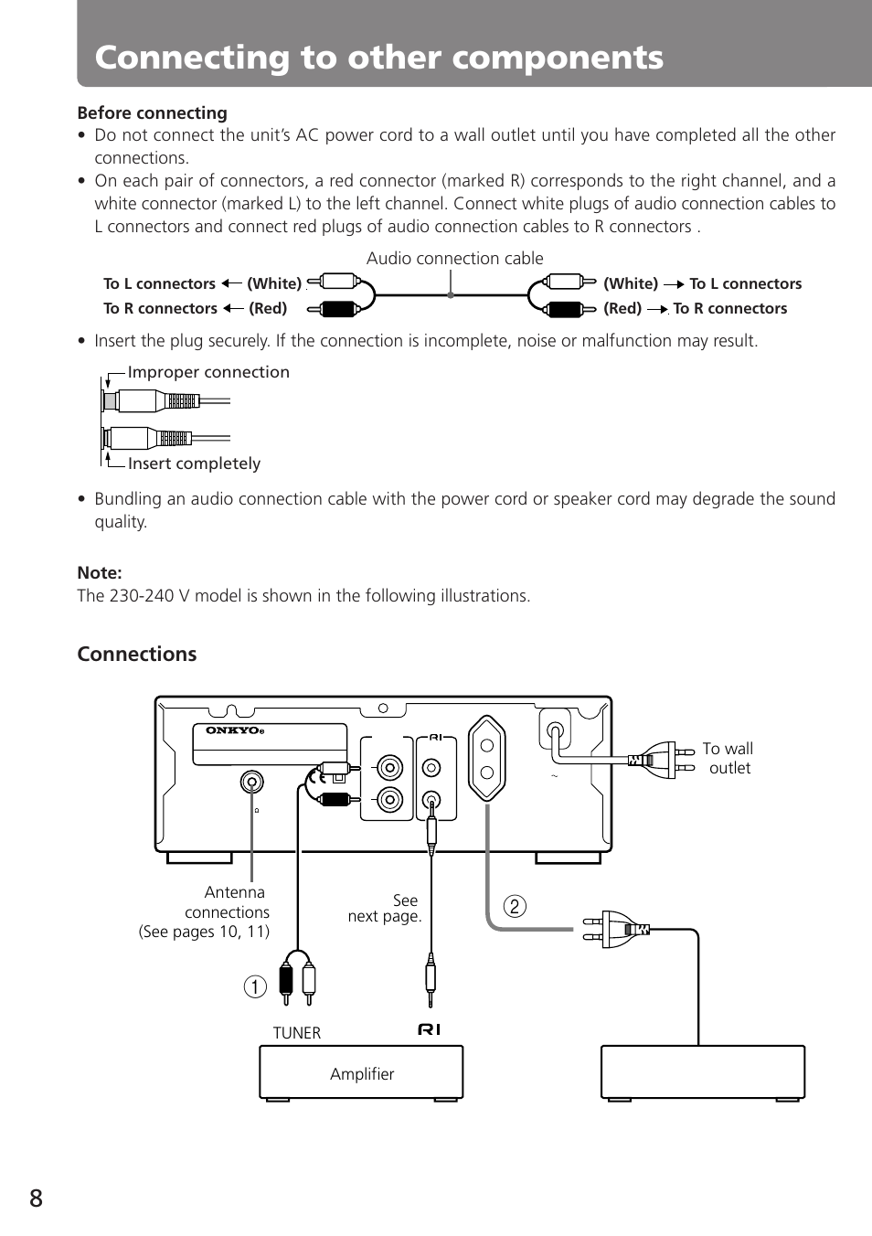 Connecting to other components, Connections | Onkyo T-405TX User Manual | Page 8 / 32