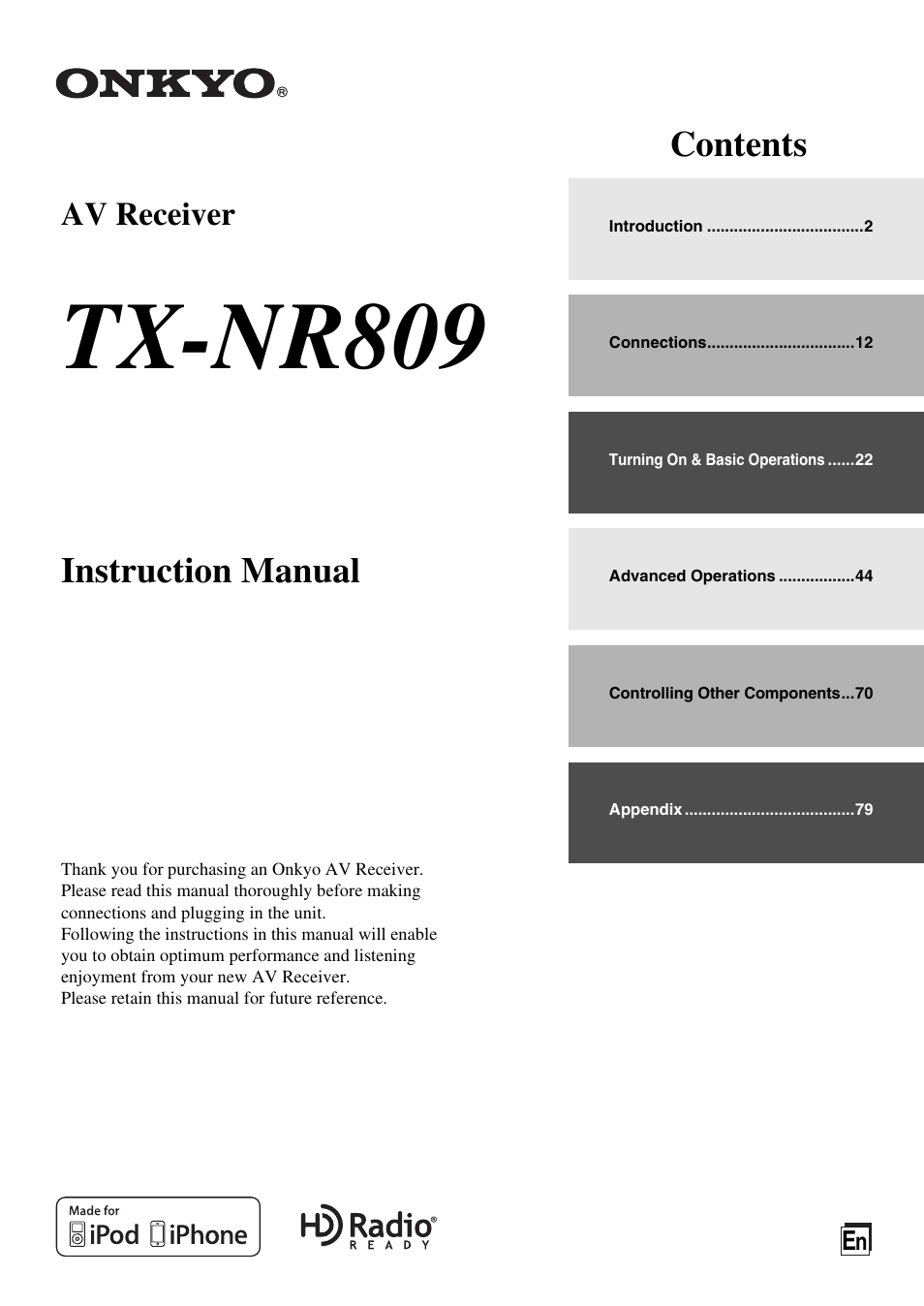 Onkyo 7.2 Channel Network A/V Receiver TX-NR809 User Manual | 100 pages