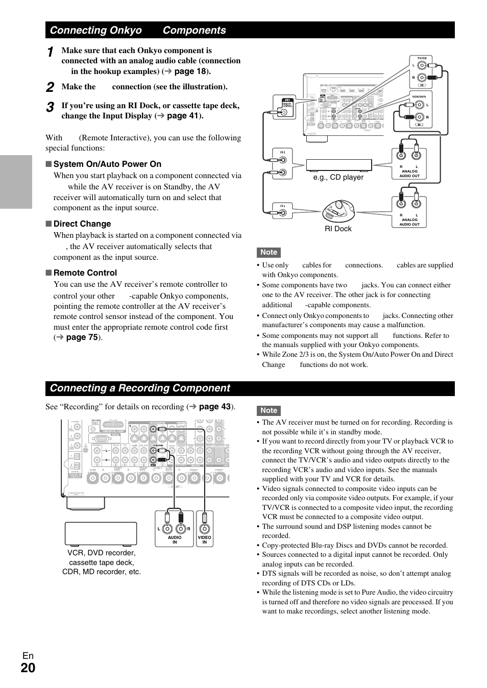 Connecting onkyo ri components, Connecting a recording component, Connecting onkyo | Components, Connecting onkyo components | Onkyo 7.2 Channel Network A/V Receiver TX-NR809 User Manual | Page 20 / 100