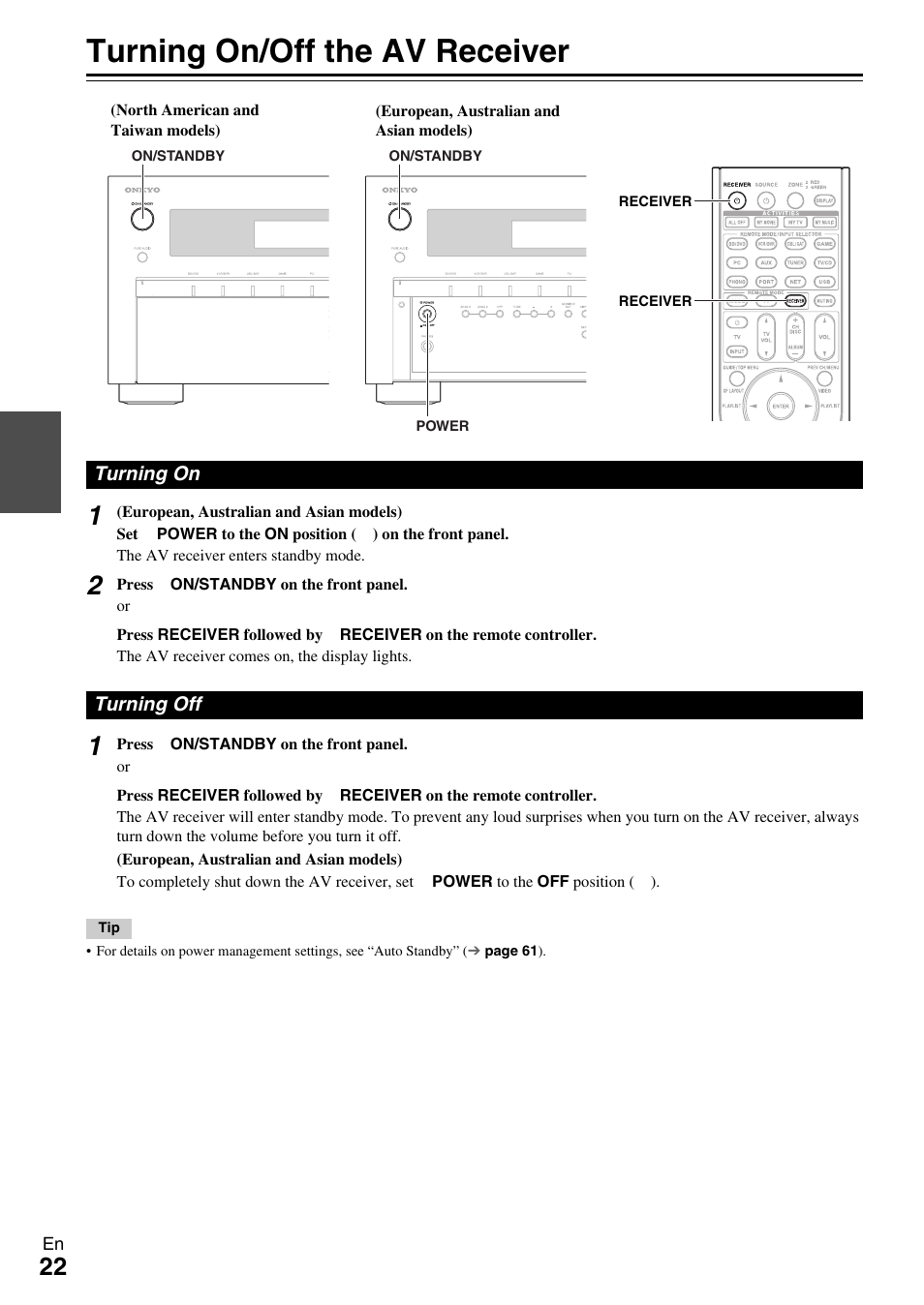 Turning on & basic operations, Turning on/off the av receiver, Turning on | Turning off, Turning on turning off, Button (22 | Onkyo 7.2 Channel Network A/V Receiver TX-NR809 User Manual | Page 22 / 100