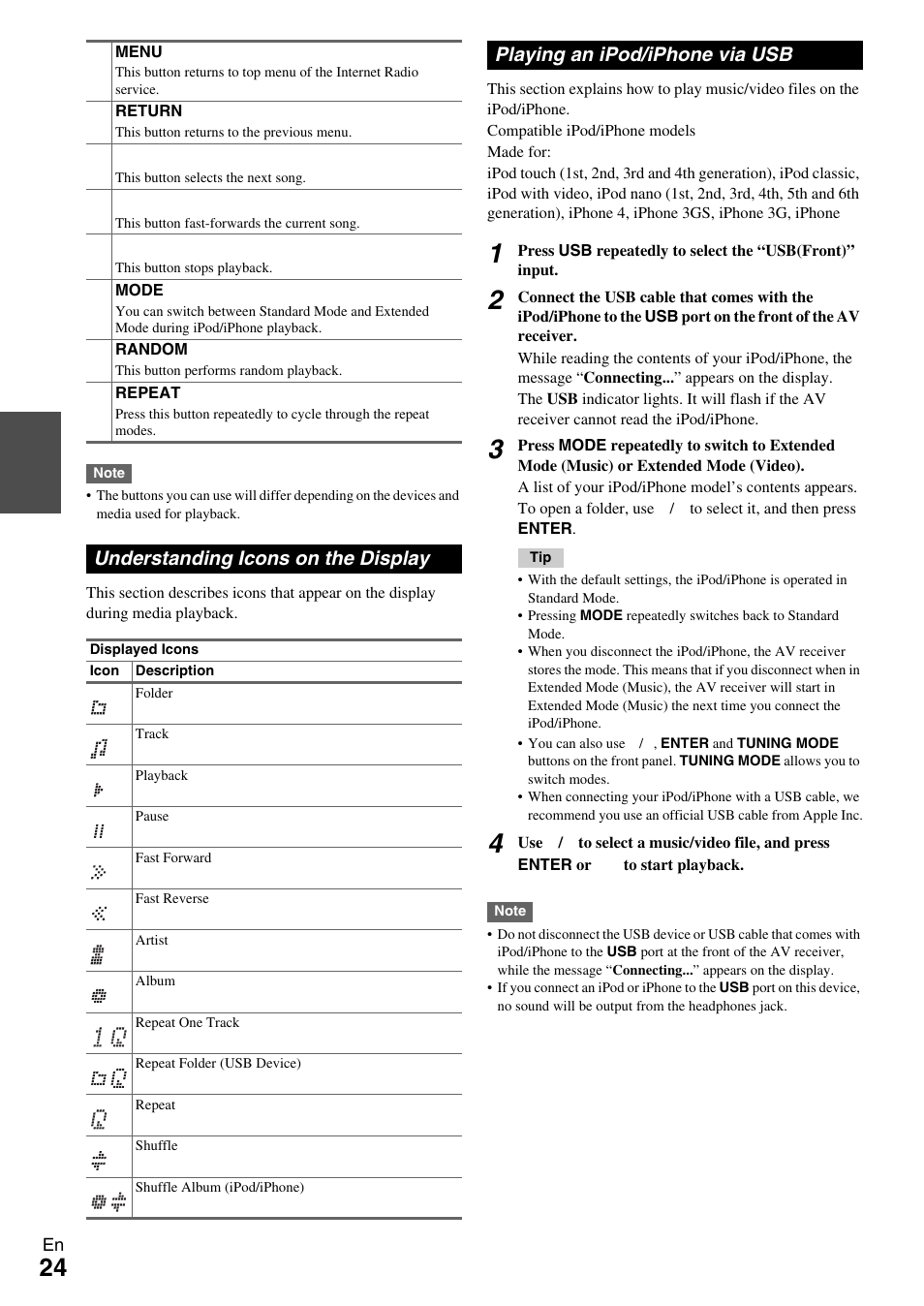 Understanding icons on the display, Playing an ipod/iphone via usb | Onkyo 7.2 Channel Network A/V Receiver TX-NR809 User Manual | Page 24 / 100