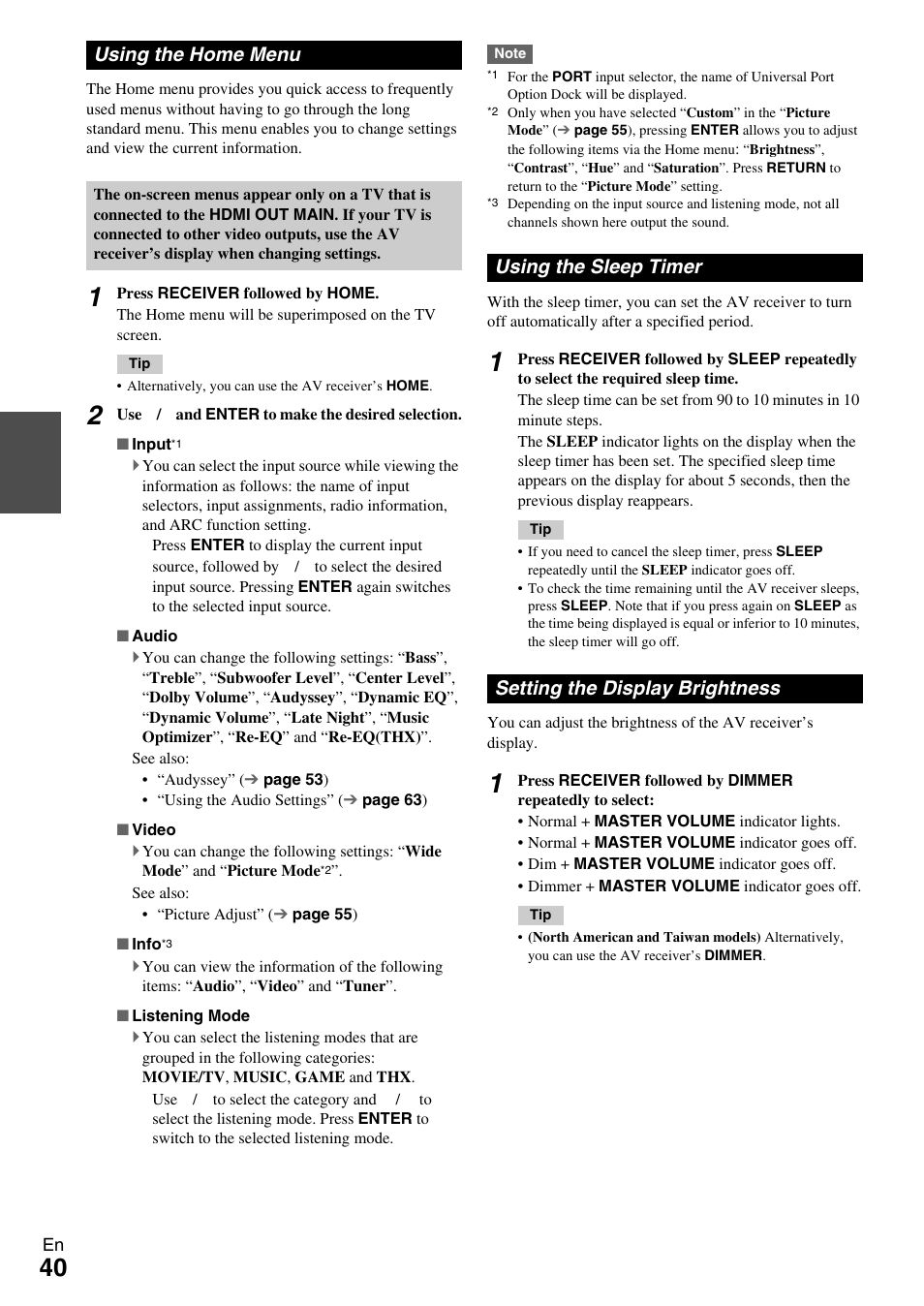 Using the home menu, Using the sleep timer, Setting the display brightness | Models) | Onkyo 7.2 Channel Network A/V Receiver TX-NR809 User Manual | Page 40 / 100