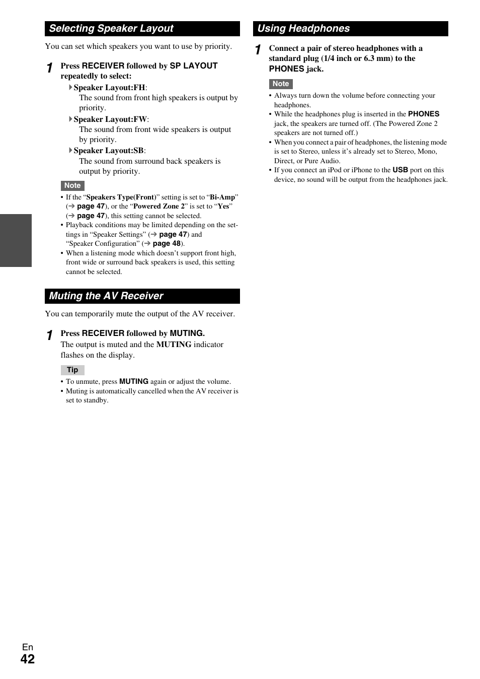 Selecting speaker layout, Muting the av receiver, Using headphones | Jack (42 | Onkyo 7.2 Channel Network A/V Receiver TX-NR809 User Manual | Page 42 / 100