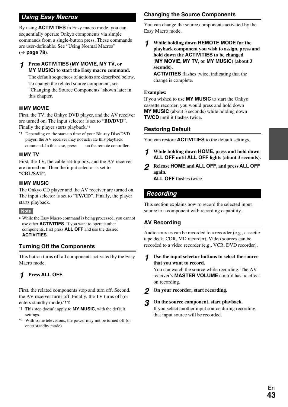 Using easy macros, Recording, Using easy macros recording | E “recording, See “recording” for de | Onkyo 7.2 Channel Network A/V Receiver TX-NR809 User Manual | Page 43 / 100