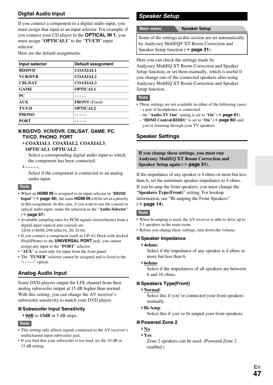 Speaker setup, E “subwoofer input sensitivity, Perform the “speaker setup | Abled, Tings in “speaker settings | Onkyo 7.2 Channel Network A/V Receiver TX-NR809 User Manual | Page 47 / 100