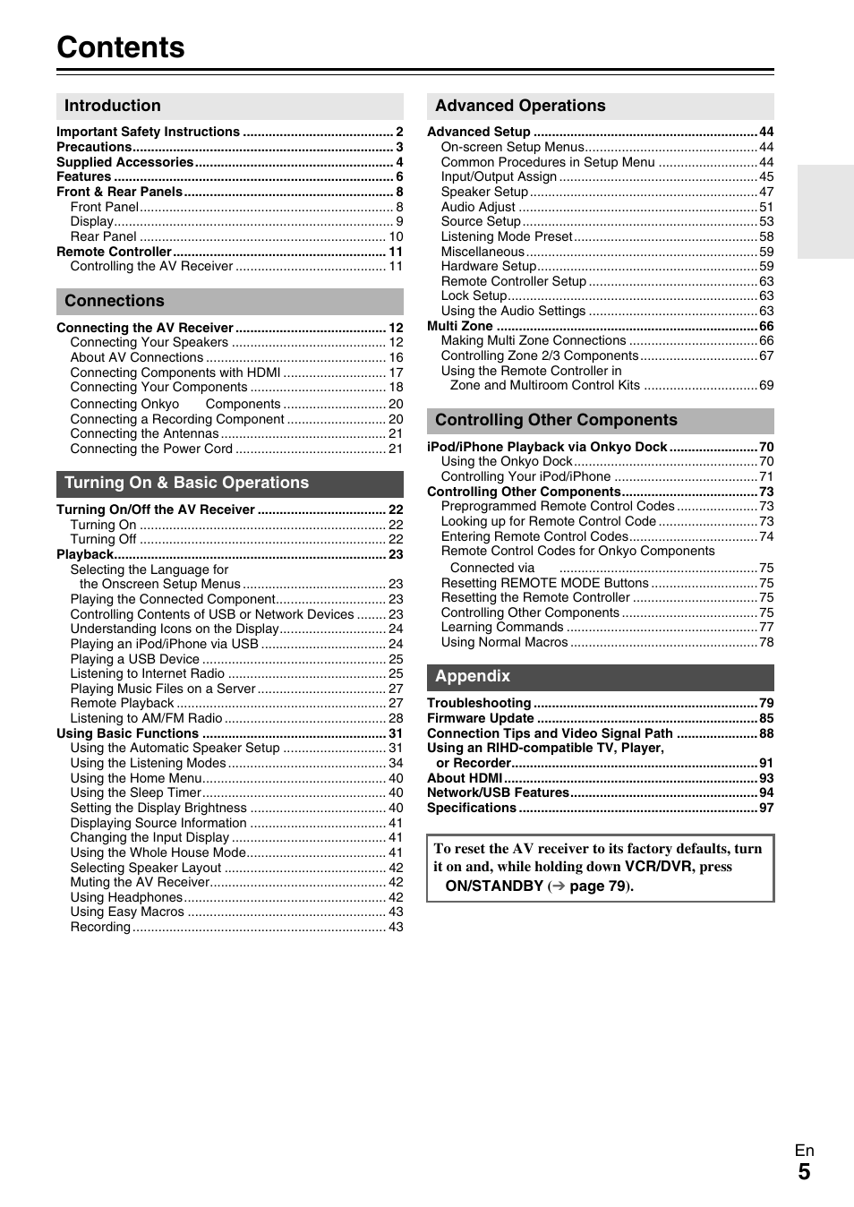 Onkyo 7.2 Channel Network A/V Receiver TX-NR809 User Manual | Page 5 / 100