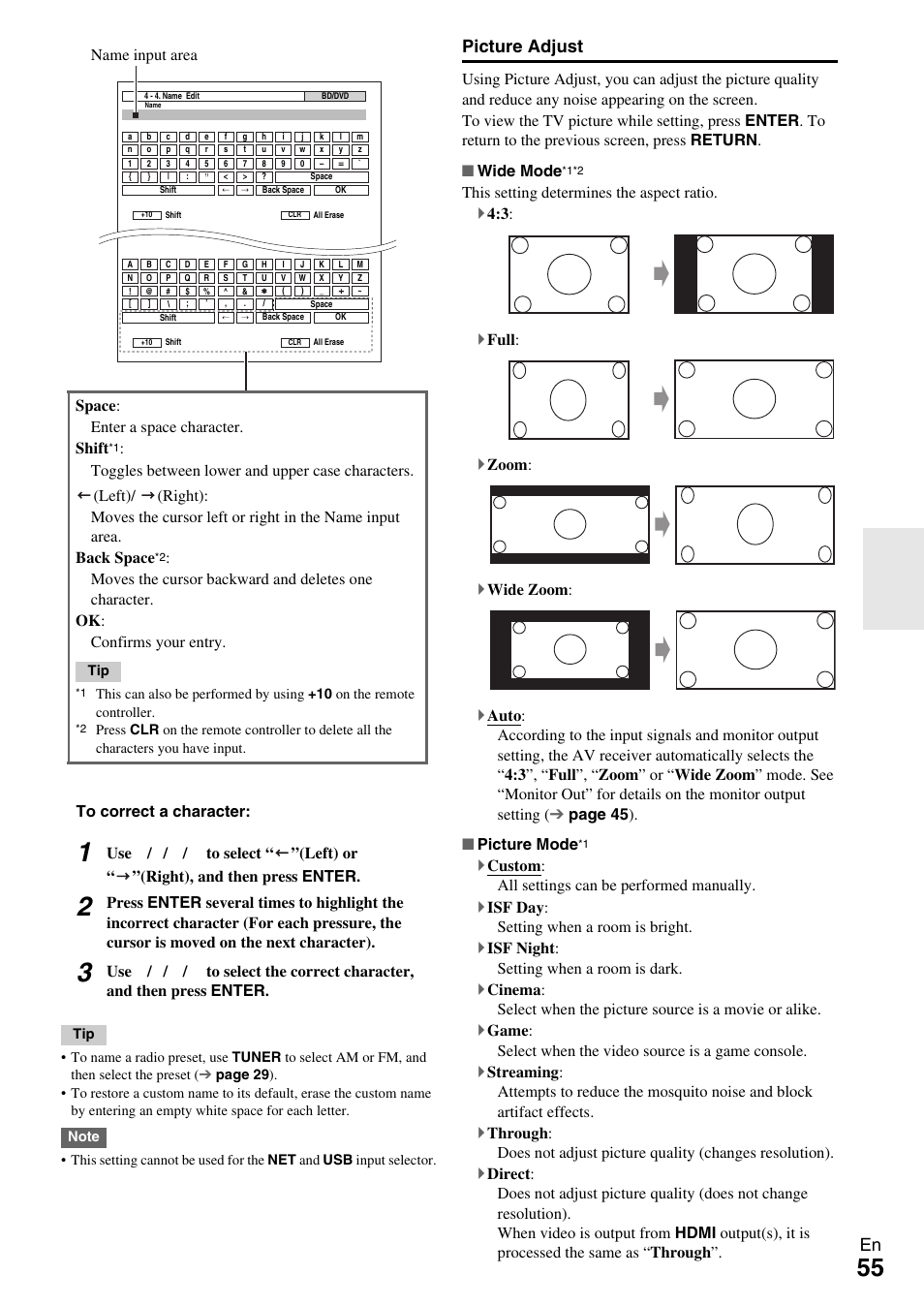 Picture adjust | Onkyo 7.2 Channel Network A/V Receiver TX-NR809 User Manual | Page 55 / 100