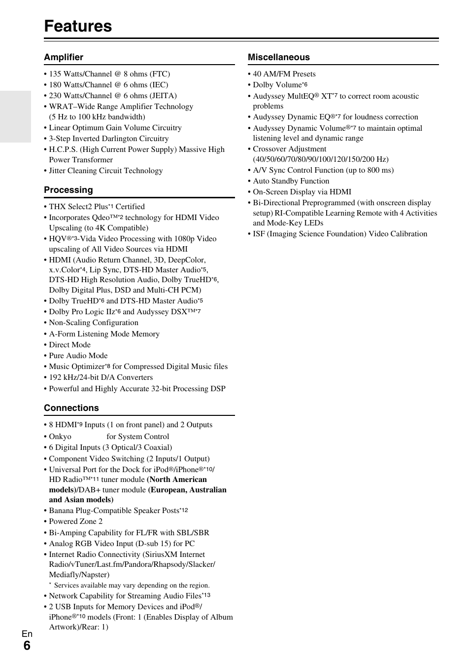 Features | Onkyo 7.2 Channel Network A/V Receiver TX-NR809 User Manual | Page 6 / 100