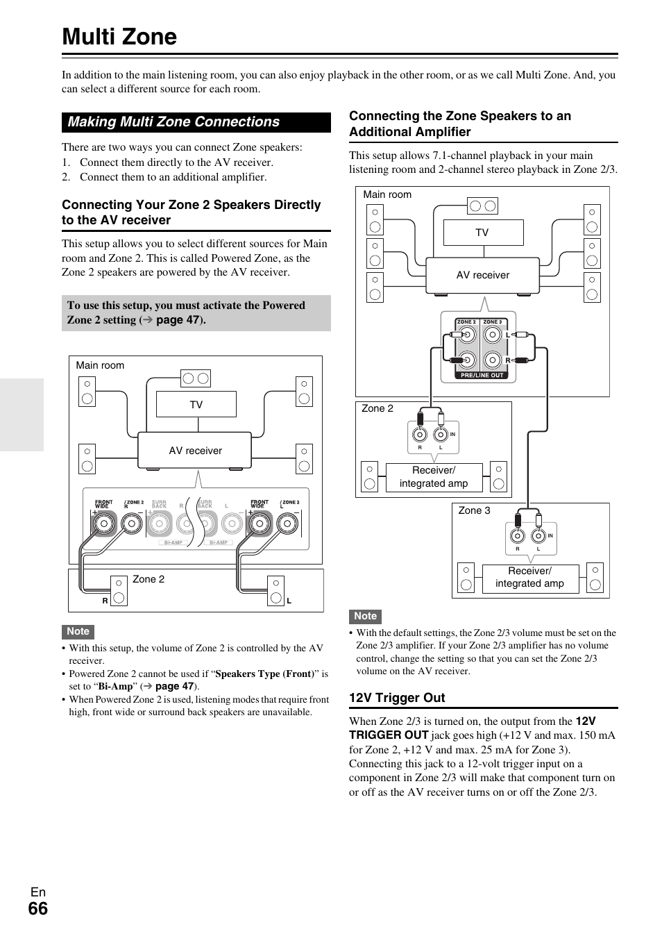 Multi zone, Making multi zone connections, 12v trigger out | Onkyo 7.2 Channel Network A/V Receiver TX-NR809 User Manual | Page 66 / 100
