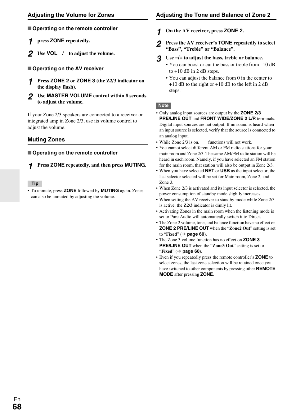 E “adjusting the volume for zones | Onkyo 7.2 Channel Network A/V Receiver TX-NR809 User Manual | Page 68 / 100