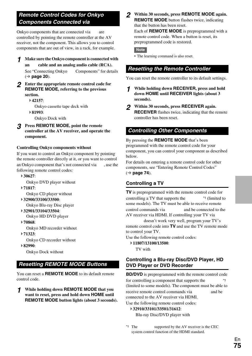 Resetting remote mode buttons, Resetting the remote controller, Controlling other components | Remote control codes for onkyo components, Connected via | Onkyo 7.2 Channel Network A/V Receiver TX-NR809 User Manual | Page 75 / 100