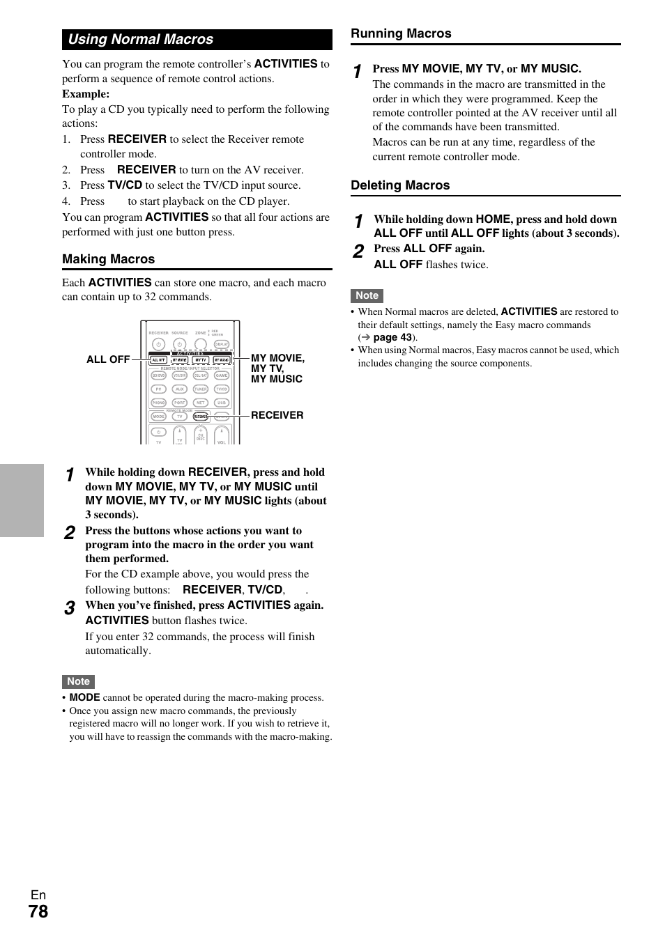 Using normal macros | Onkyo 7.2 Channel Network A/V Receiver TX-NR809 User Manual | Page 78 / 100