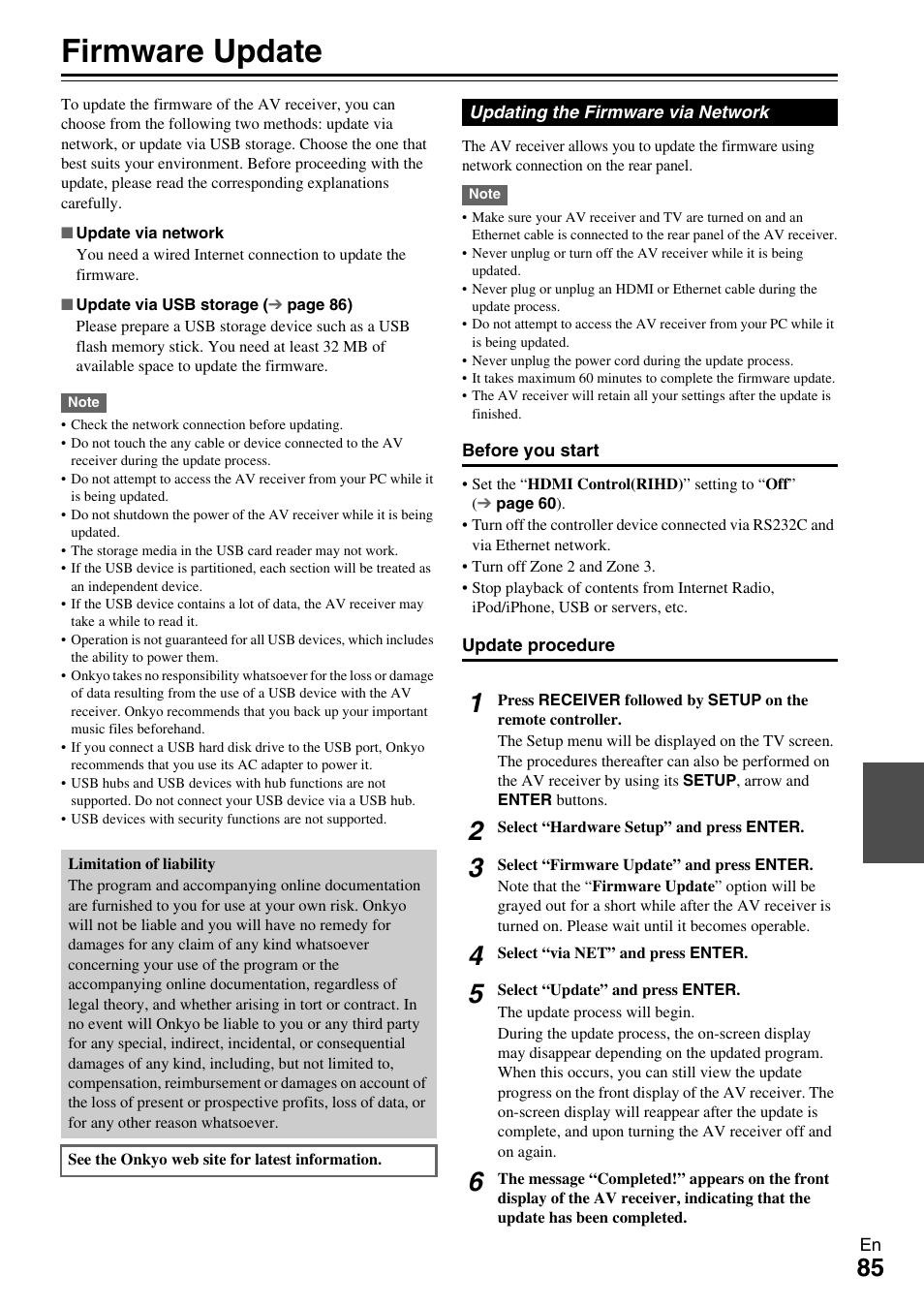 Firmware update, See “firmware update” for the | Onkyo 7.2 Channel Network A/V Receiver TX-NR809 User Manual | Page 85 / 100