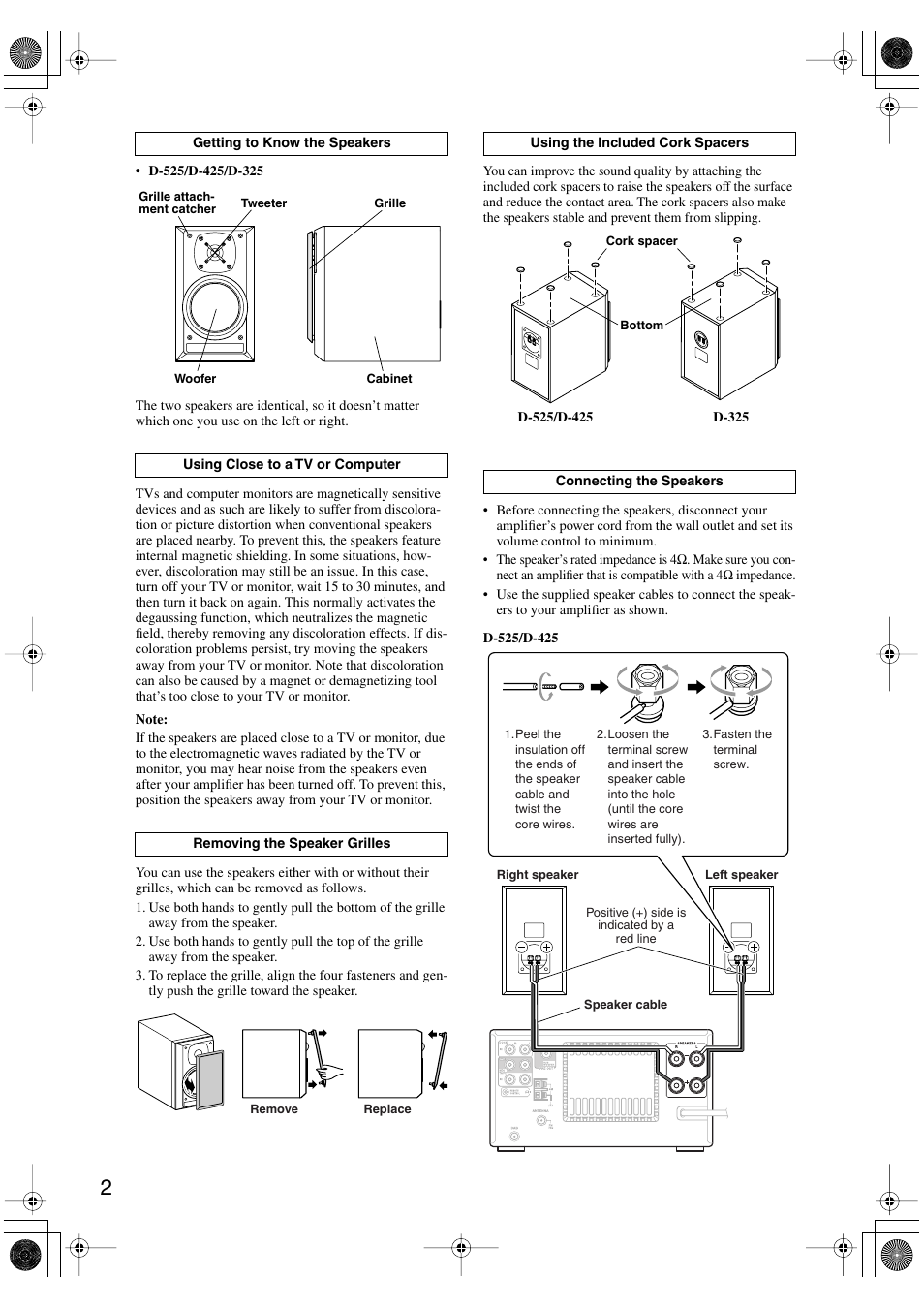 Getting to know the speakers, Using close to a tv or computer, Removing the speaker grilles | Using the included cork spacers, Connecting the speakers | Onkyo D-425 User Manual | Page 2 / 4