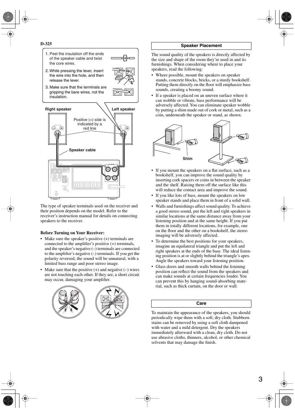 Speaker placement, Care | Onkyo D-425 User Manual | Page 3 / 4