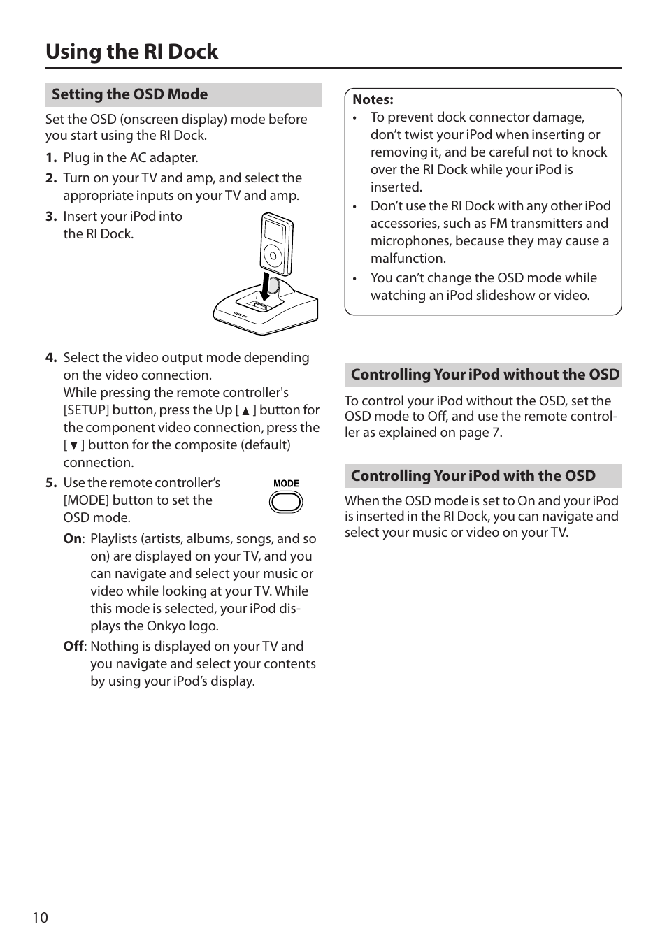 Using the ri dock | Onkyo 29344880A User Manual | Page 10 / 20