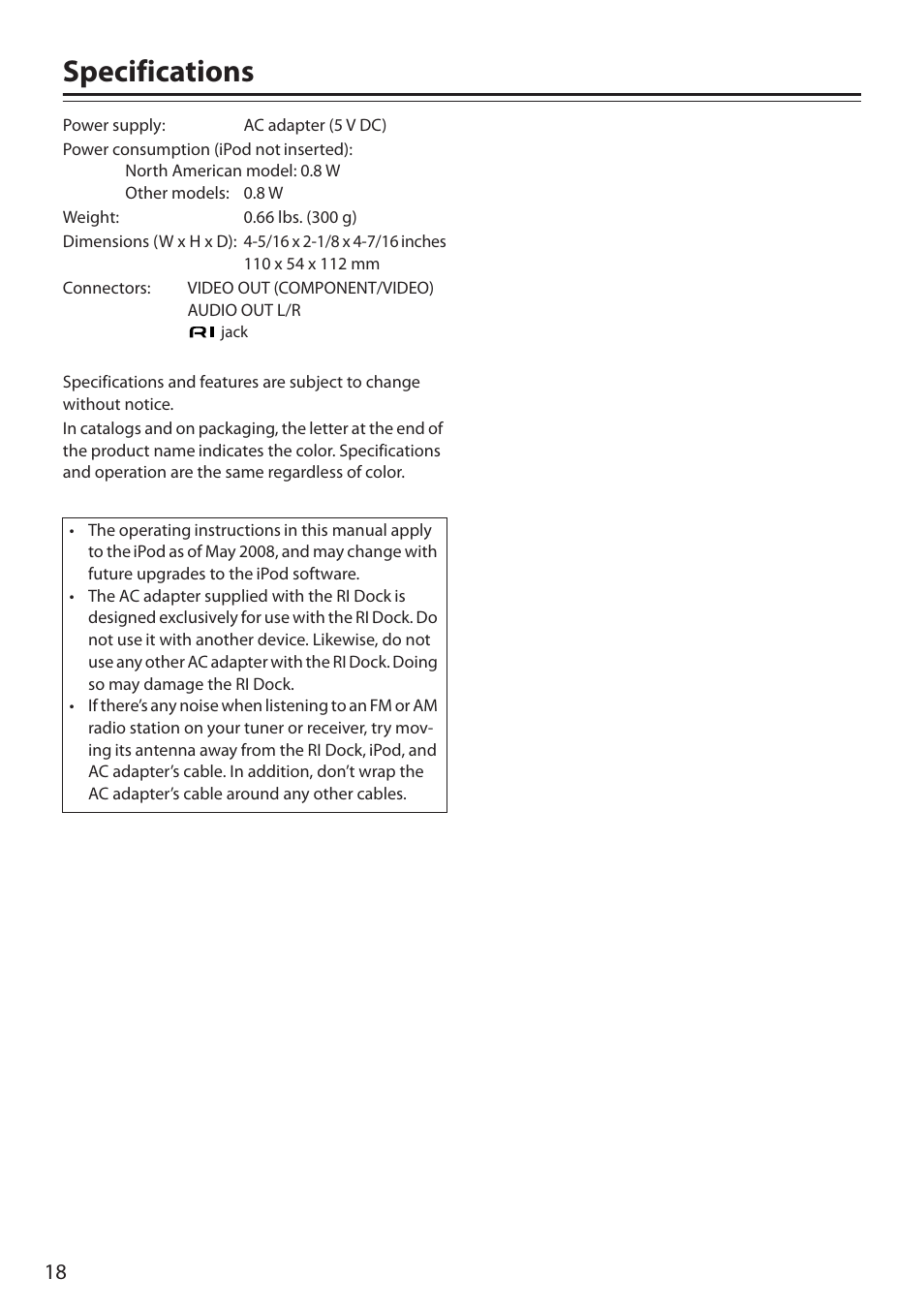 Specifications | Onkyo 29344880A User Manual | Page 18 / 20