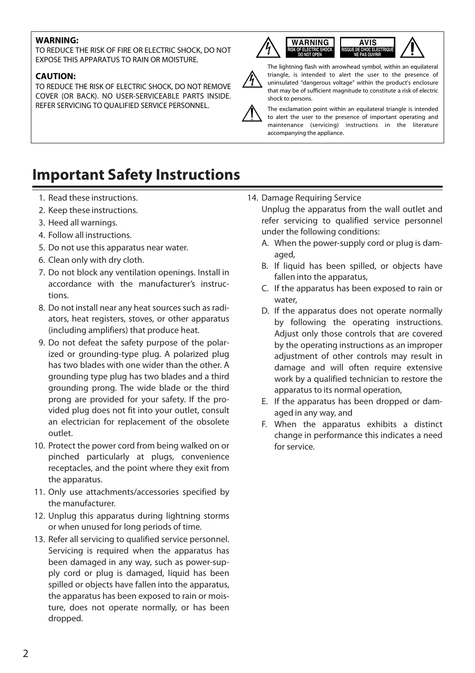 Important safety instructions | Onkyo 29344880A User Manual | Page 2 / 20