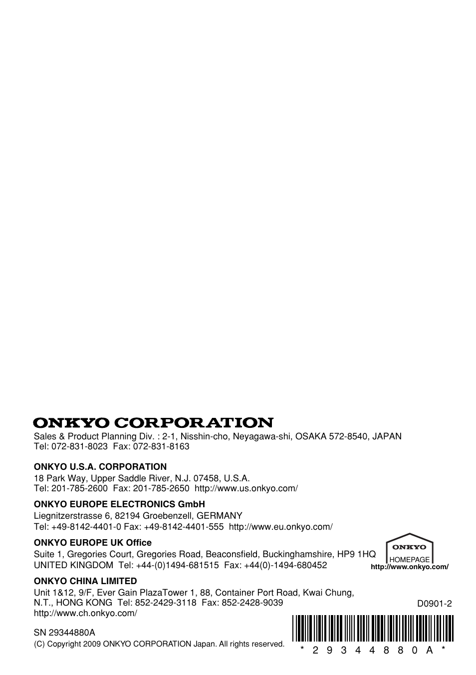 Onkyo 29344880A User Manual | Page 20 / 20