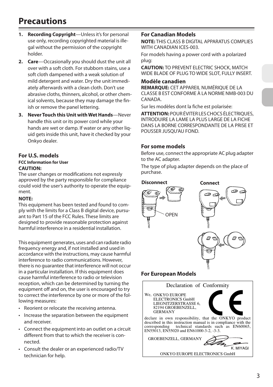 Precautions | Onkyo 29344880A User Manual | Page 3 / 20