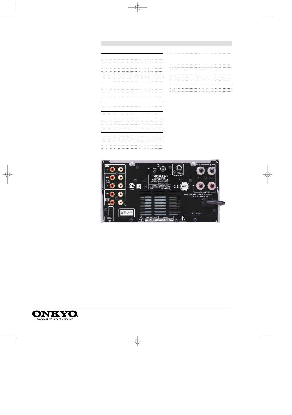 Cs-725, Cd receiver system, Specifications | Cr-725 cd receiver, D-n10bx(b) 2-way bass reflex speakers | Onkyo CS-725 User Manual | Page 2 / 2