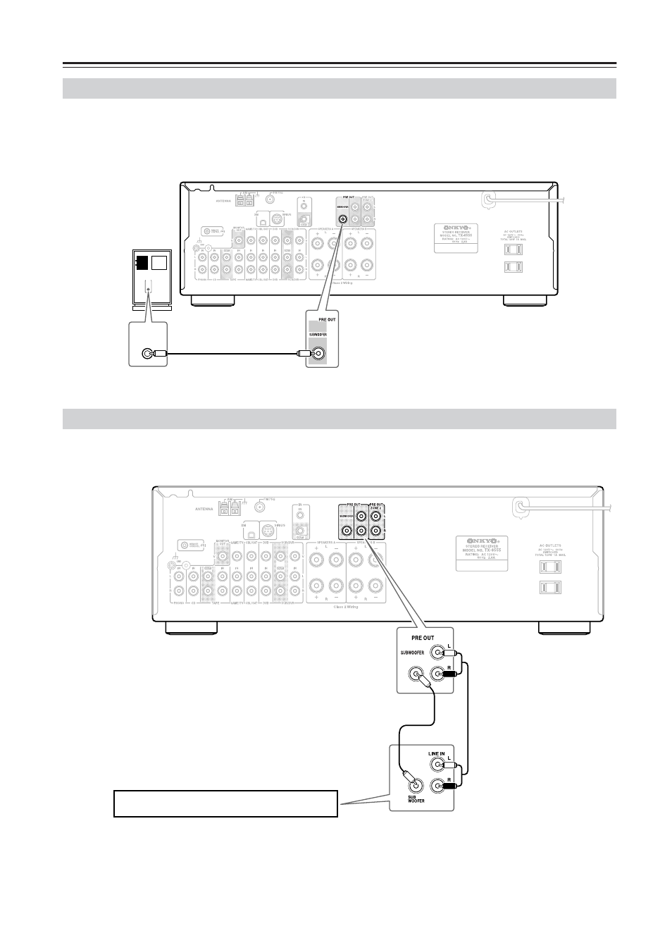 Connecting your speakers —continued, Connecting a powered subwoofer, Connecting a power amplifier | Onkyo TX-8555 User Manual | Page 14 / 48