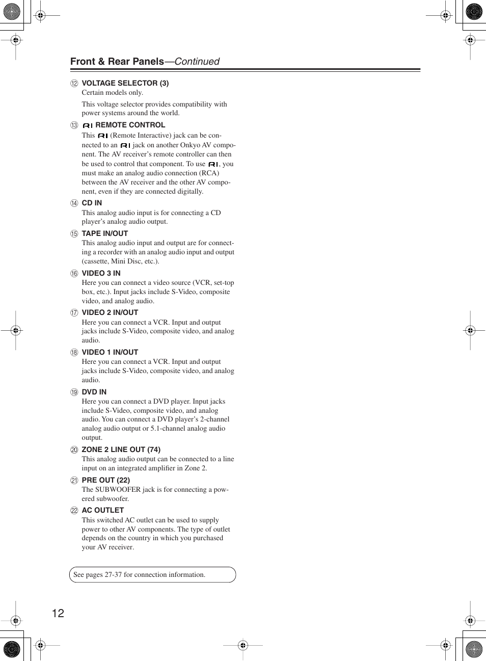 Front & rear panels —continued | Onkyo TX-SR8360 User Manual | Page 12 / 92