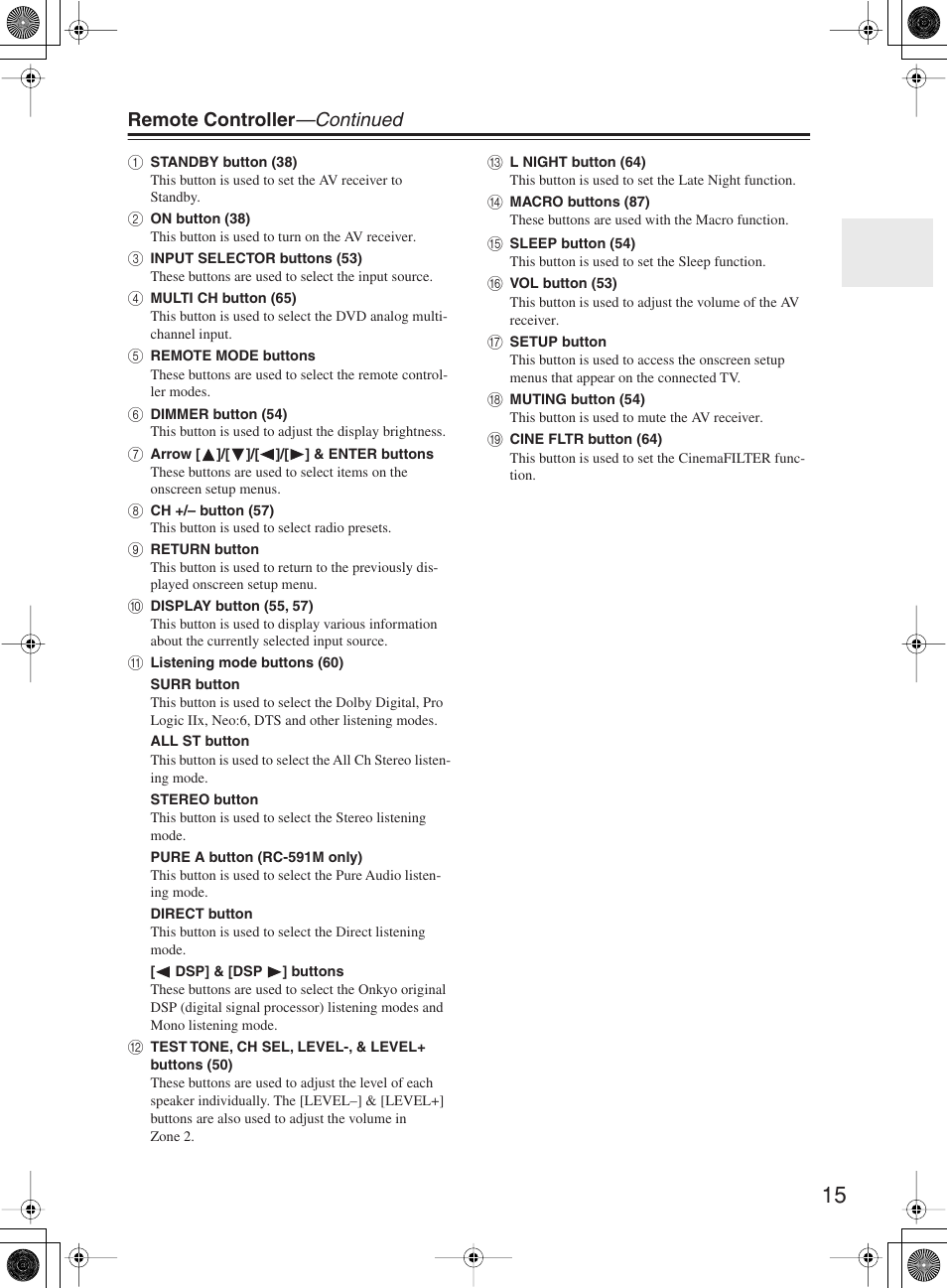 Remote controller —continued | Onkyo TX-SR8360 User Manual | Page 15 / 92