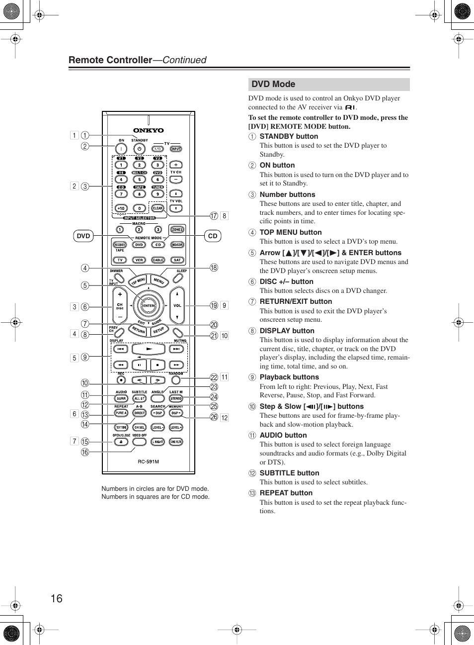 Remote controller —continued | Onkyo TX-SR8360 User Manual | Page 16 / 92