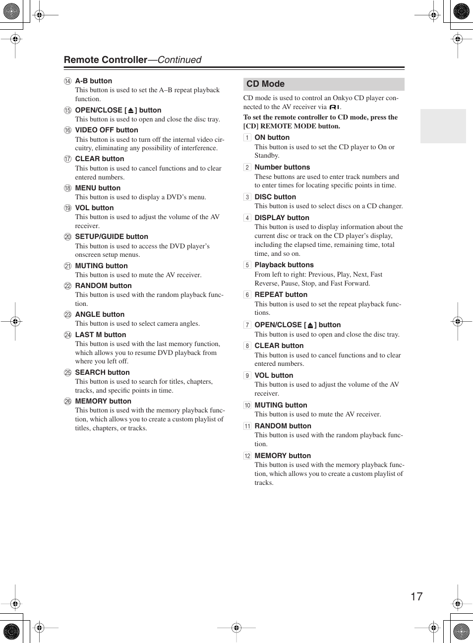 Remote controller —continued | Onkyo TX-SR8360 User Manual | Page 17 / 92