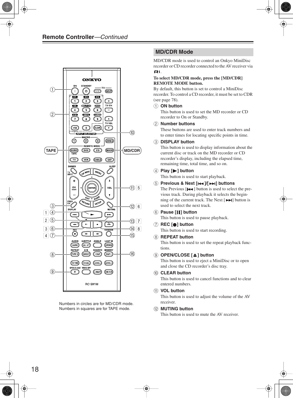 Remote controller —continued | Onkyo TX-SR8360 User Manual | Page 18 / 92