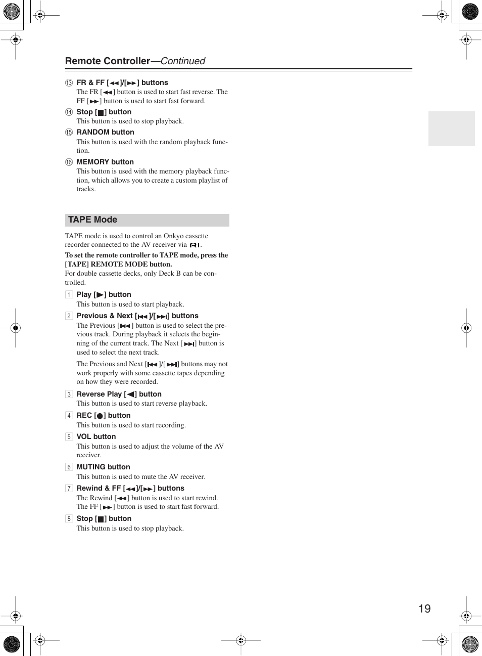 Remote controller —continued | Onkyo TX-SR8360 User Manual | Page 19 / 92