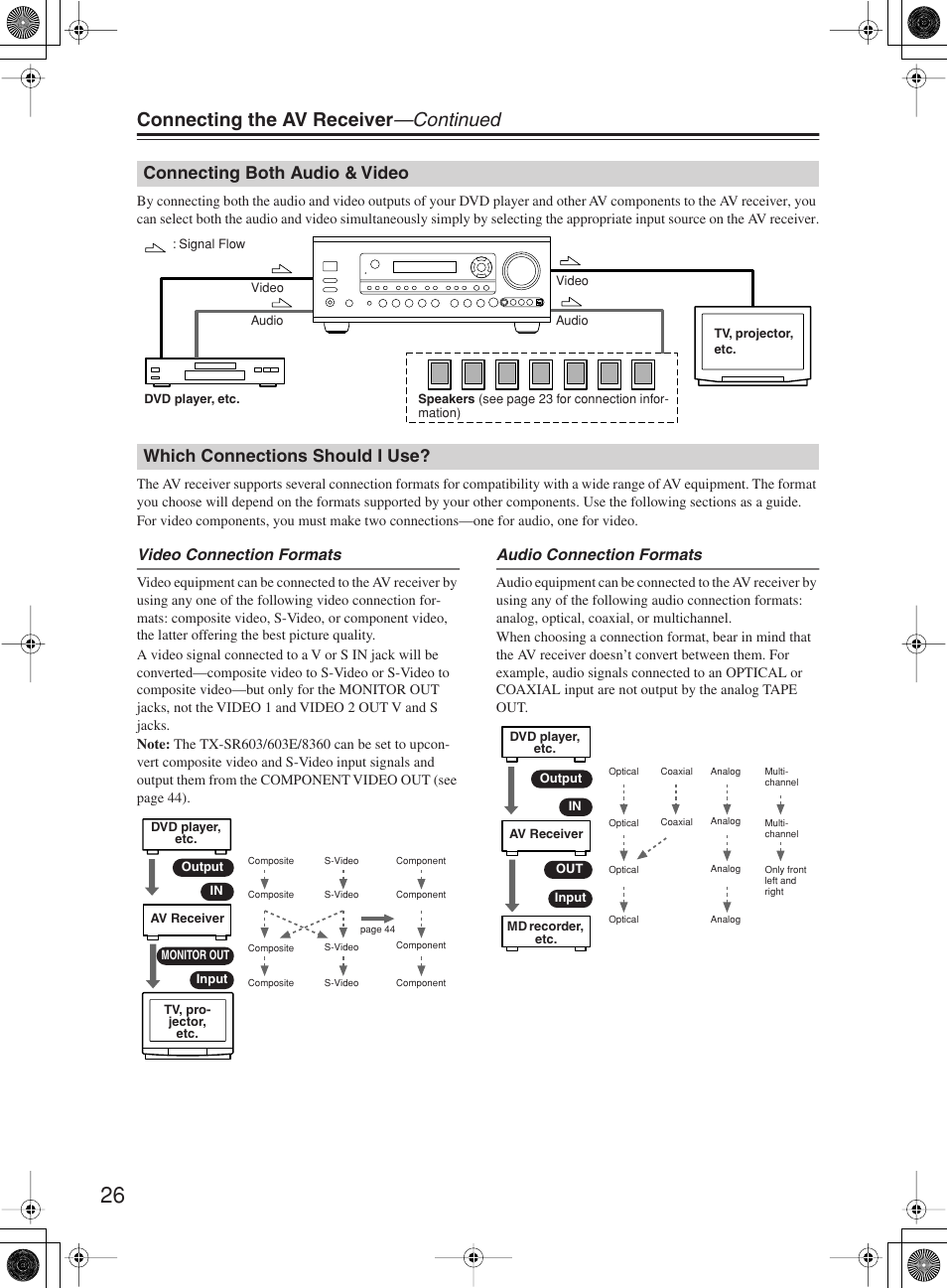Connecting the av receiver —continued, Connecting both audio & video, Which connections should i use | Video connection formats, Audio connection formats | Onkyo TX-SR8360 User Manual | Page 26 / 92