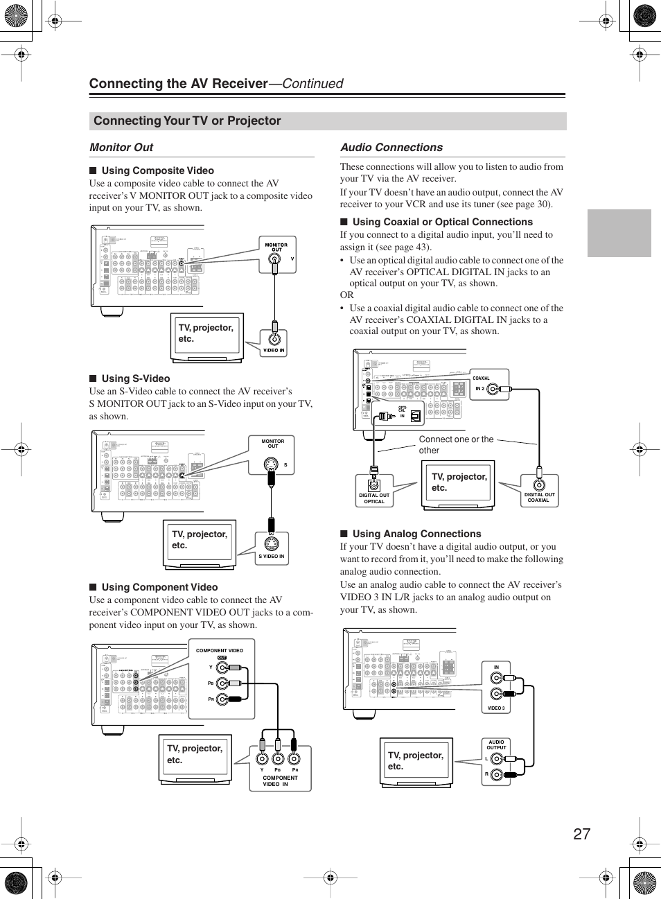 Connecting the av receiver —continued, Connecting your tv or projector, Monitor out | Audio connections | Onkyo TX-SR8360 User Manual | Page 27 / 92