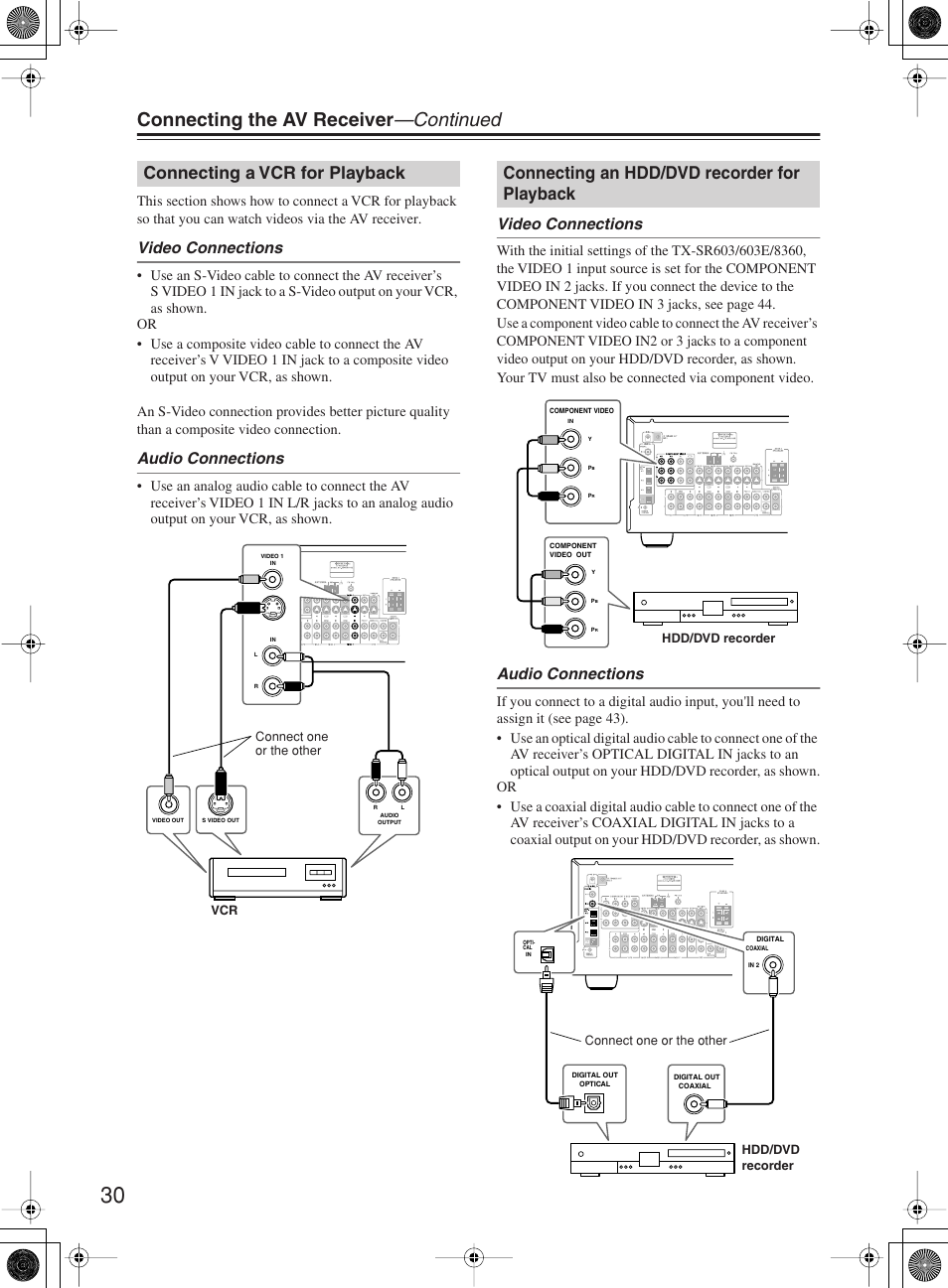 Connecting the av receiver —continued, Connecting a vcr for playback, Connecting an hdd/dvd recorder for playback | Video connections, Audio connections | Onkyo TX-SR8360 User Manual | Page 30 / 92