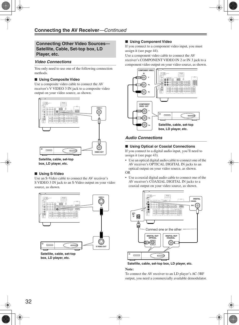 Connecting the av receiver —continued, Video connections, Audio connections | Onkyo TX-SR8360 User Manual | Page 32 / 92