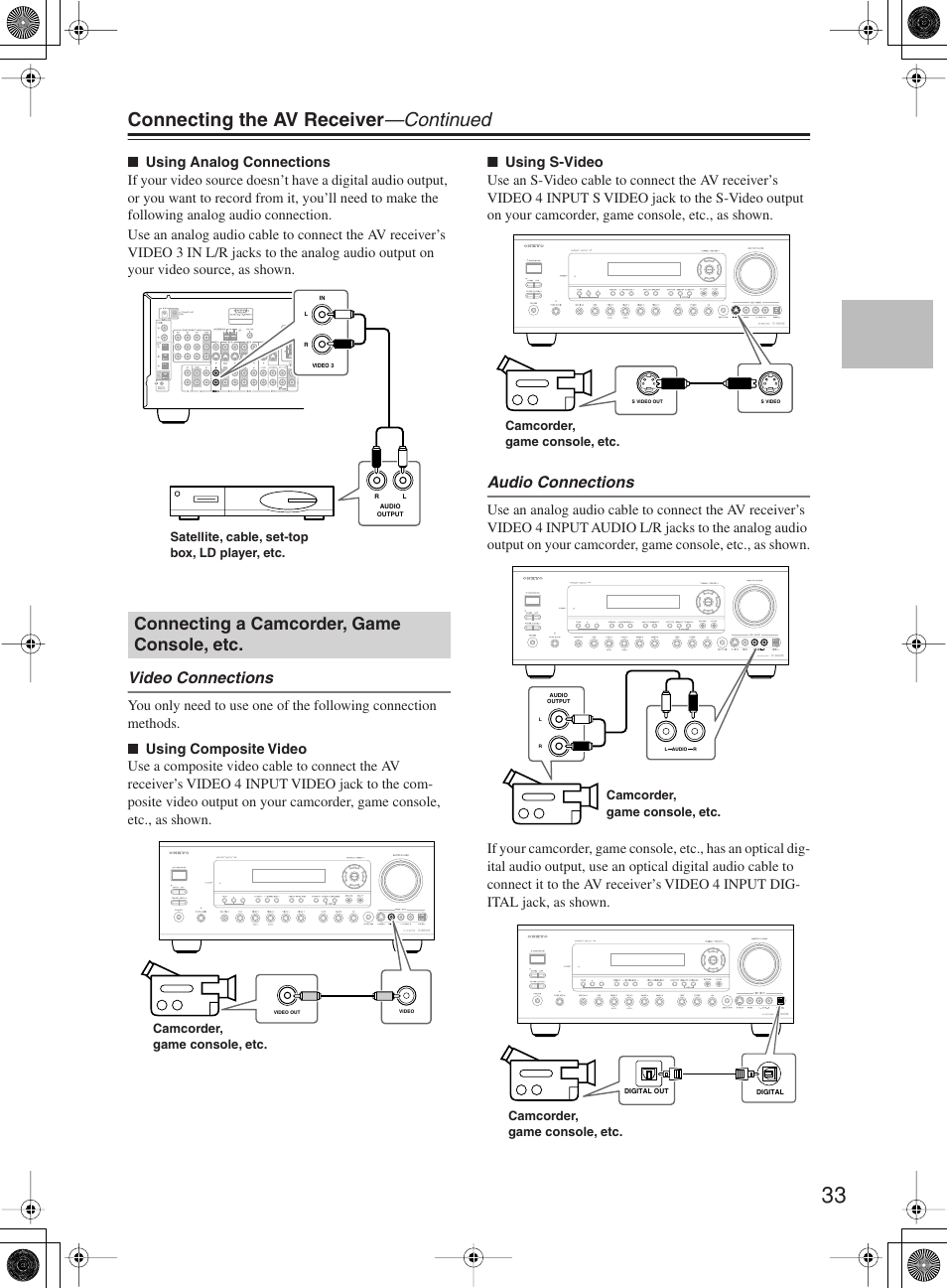 Connecting the av receiver —continued, Connecting a camcorder, game console, etc, Video connections | Audio connections | Onkyo TX-SR8360 User Manual | Page 33 / 92