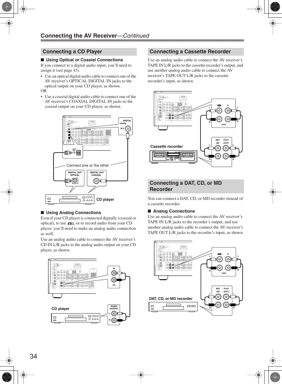 Connecting the av receiver —continued, Connecting a cd player | Onkyo TX-SR8360 User Manual | Page 34 / 92