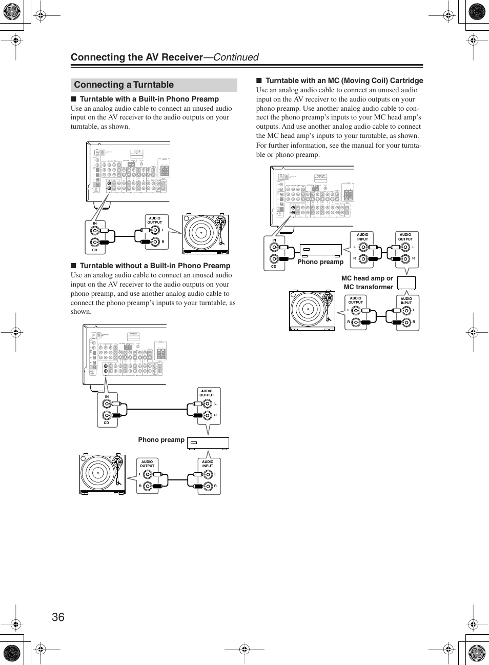 Connecting the av receiver —continued, Connecting a turntable | Onkyo TX-SR8360 User Manual | Page 36 / 92