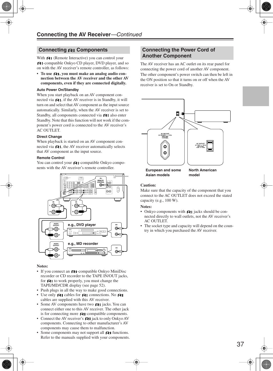 Connecting the av receiver —continued, Connecting components, Connecting the power cord of another component | Onkyo TX-SR8360 User Manual | Page 37 / 92