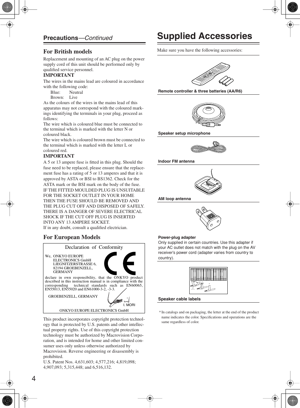 Supplied accessories, Precautions —continued for british models, For european models | Important, Declaration of conformity, Make sure you have the following accessories, Speaker cable, Speaker cable labels, I. mori | Onkyo TX-SR8360 User Manual | Page 4 / 92