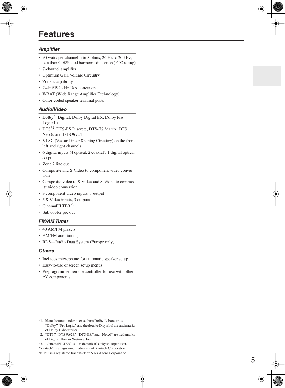 Features | Onkyo TX-SR8360 User Manual | Page 5 / 92