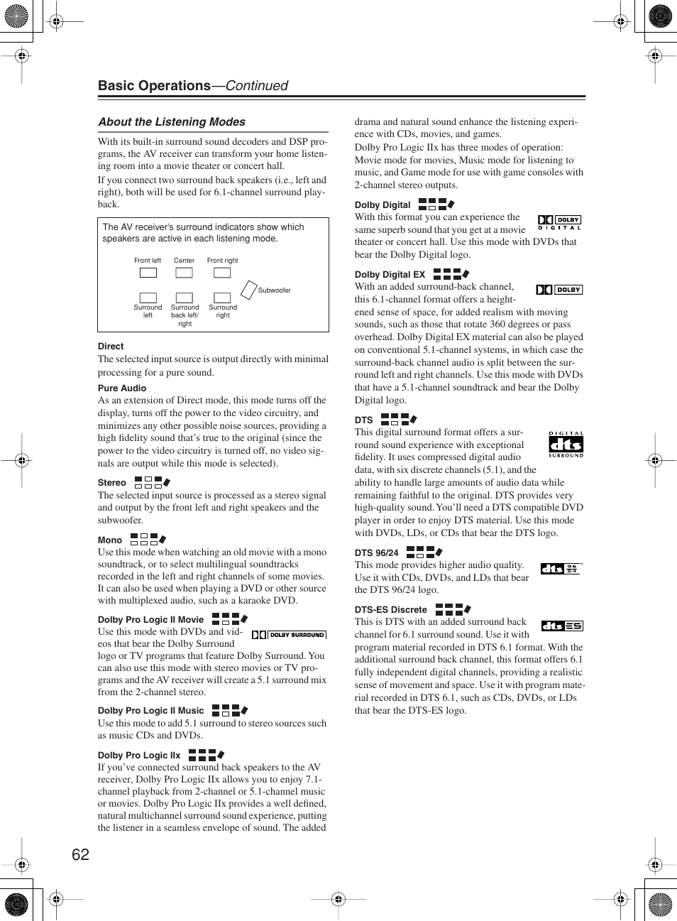 Basic operations —continued | Onkyo TX-SR8360 User Manual | Page 62 / 92