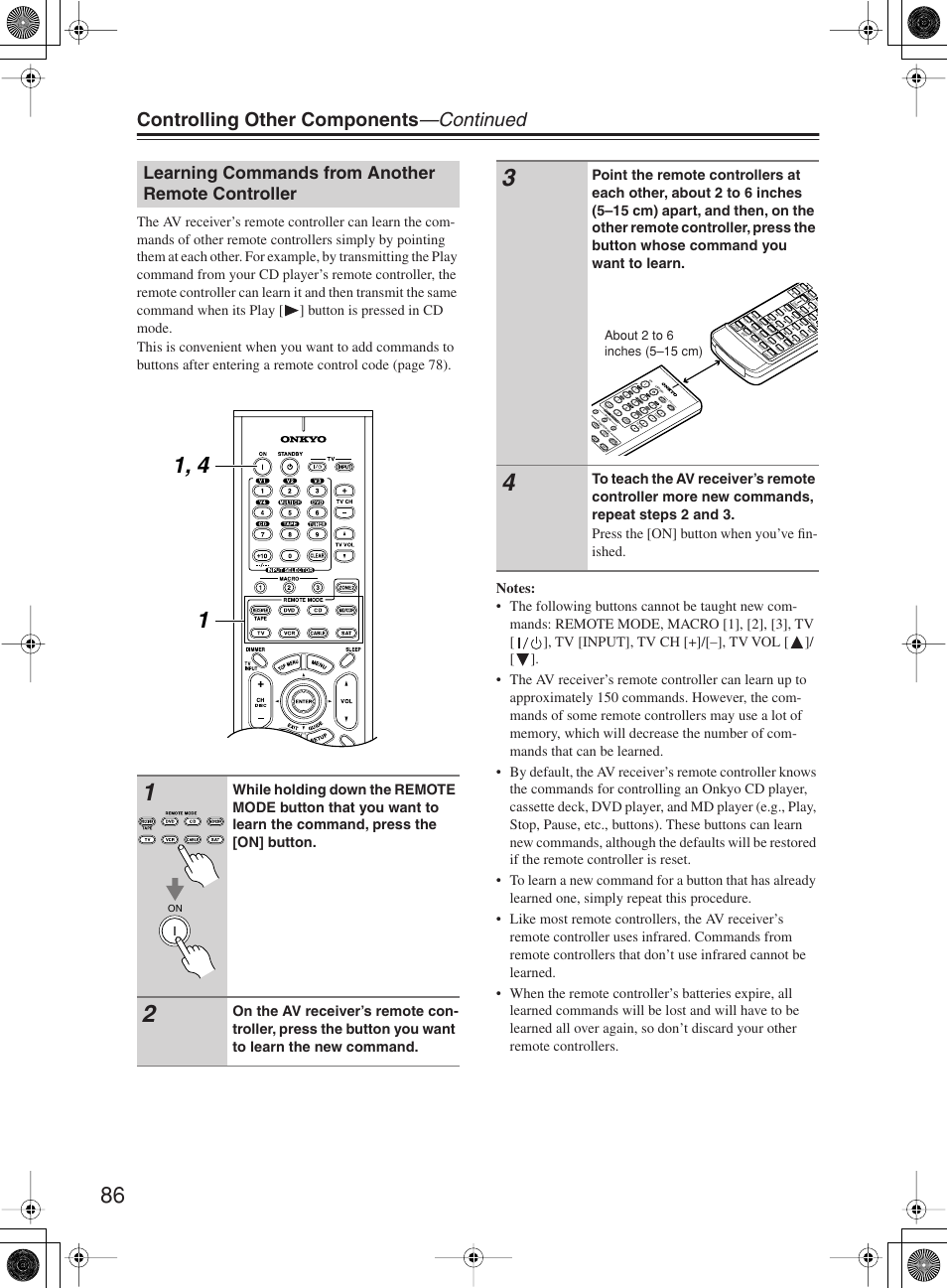 Controlling other components —continued, Learning commands from another remote controller | Onkyo TX-SR8360 User Manual | Page 86 / 92