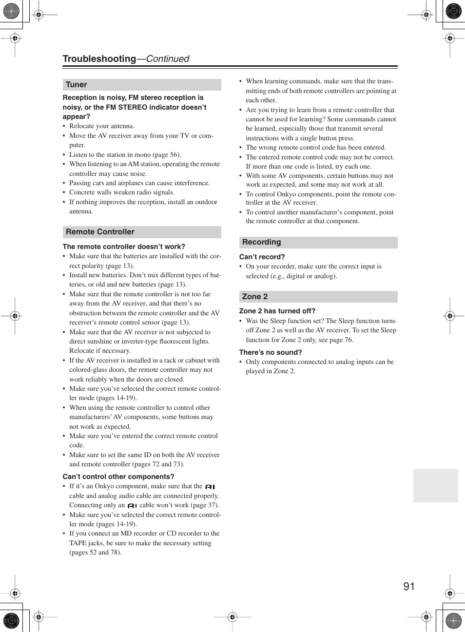 Troubleshooting —continued | Onkyo TX-SR8360 User Manual | Page 91 / 92